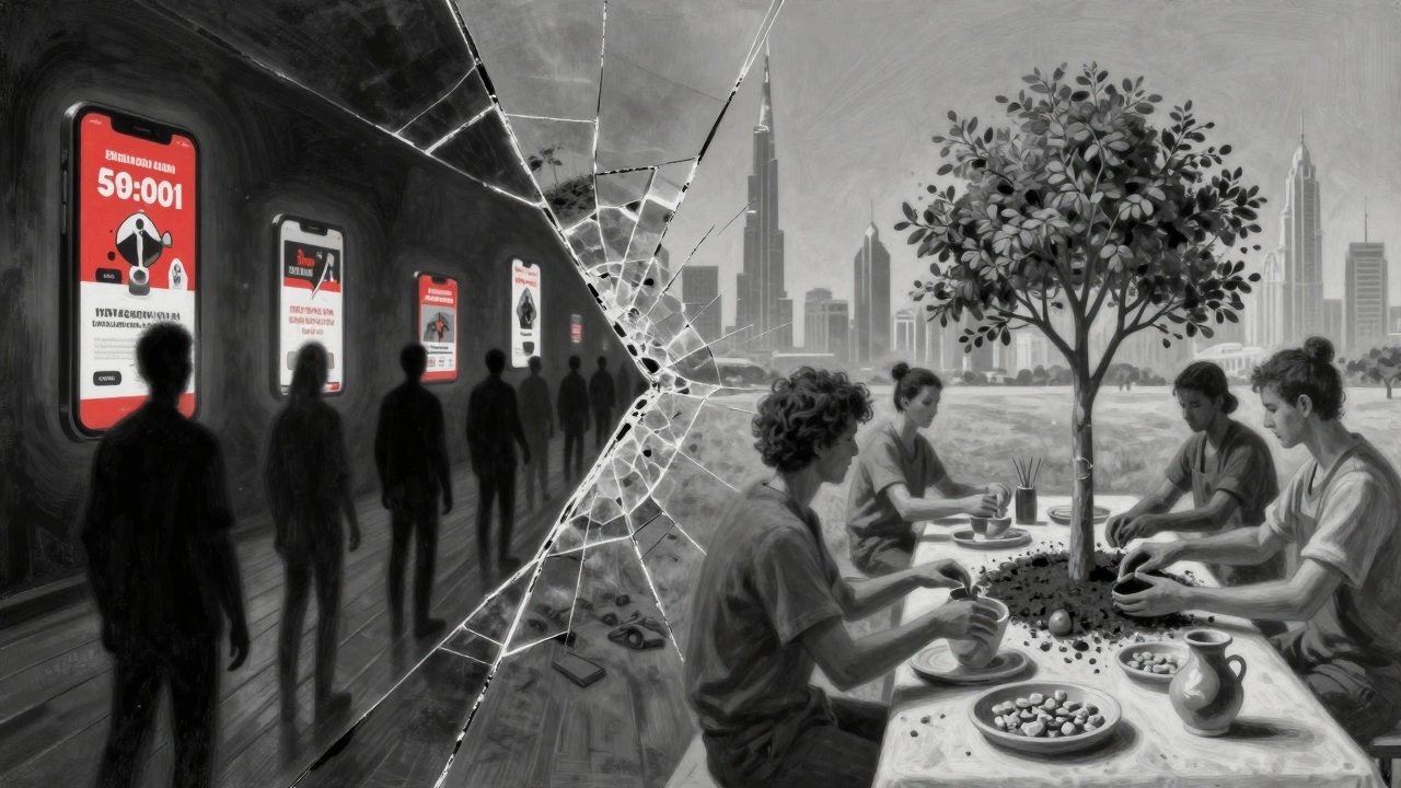 A symbolic mirror splits between shady online ads and genuine community activities in Dubai.