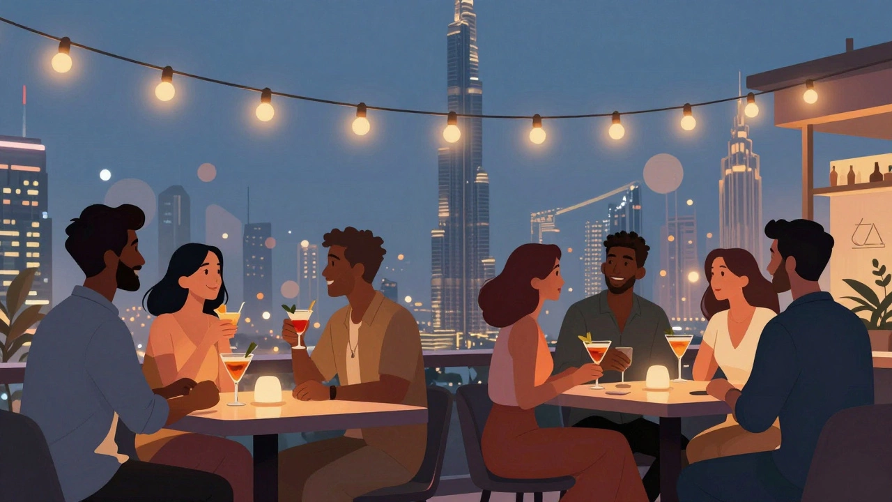 Diverse expats socialize at a rooftop bar in DIFC, with the Burj Khalifa glowing in the background.